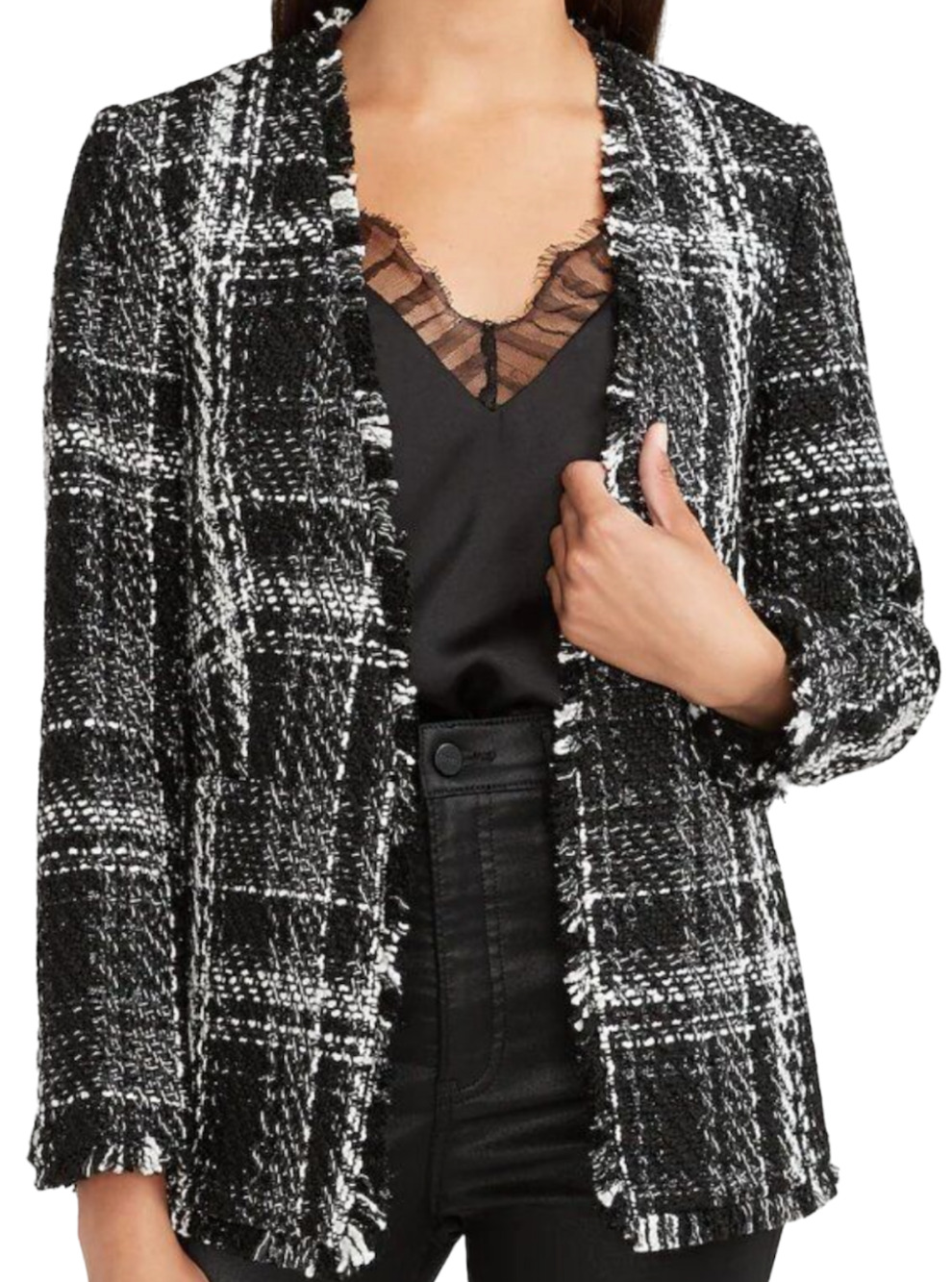 NEW EXPRESS BLACK PLAID COLLARLESS BOUCLE BLAZER JACKET SIZE XS